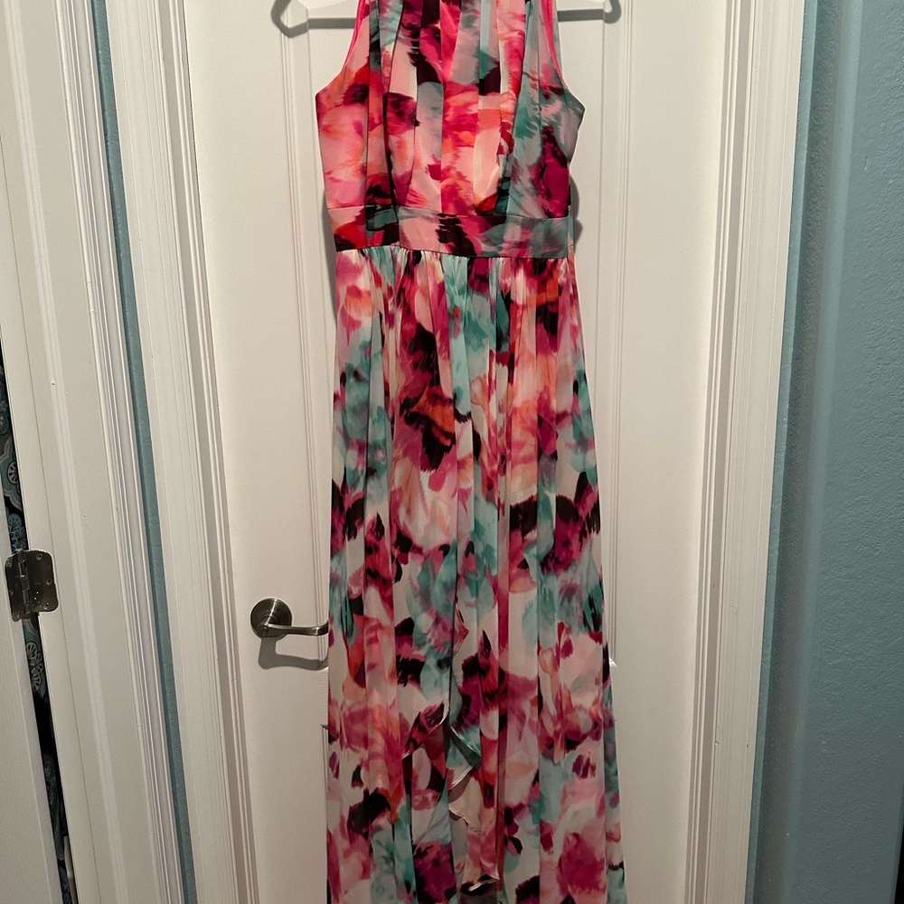 Eliza J Pink Teal Coral Floral Watercolor Maxi Dress
